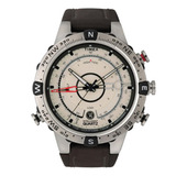 Reloj De Pulsera Timex Intelligent Quartz T2n721 De Cuerpo Color Plata, Analógico, Para Hombre, Fondo Beige, Con Correa De Cuero Color Marrón, Agujas Color Negro, Blanco, Rojo Y Gris, Dial Negro, Minu