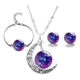 Set Collar Pulsera Aretes Galaxia Nebulosa Media Luna Mujer