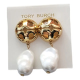 Aretes Tory Burch Logo Dorado Esferico Con Perla Asimétrica 