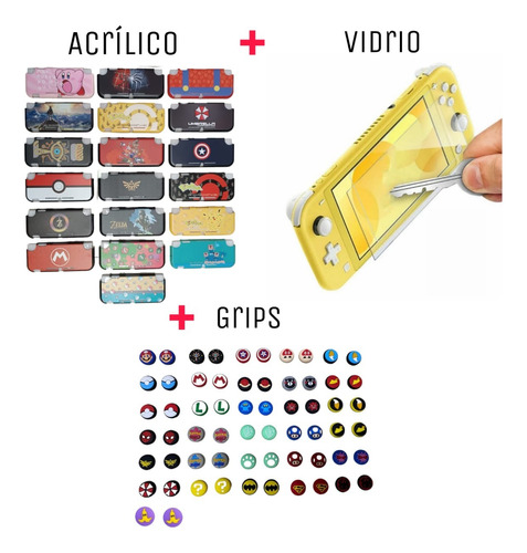 Protector En Acrilico Nintendo Switch Lite + Vidrio + 2 Caps