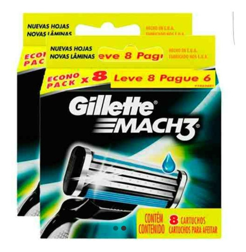 Gillette Mach3 Dois Refil Com 8 (16 Unidades No Total)