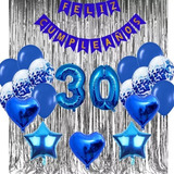 Kit Decorativo Azul Plateado Cumpleaños Cortina Número