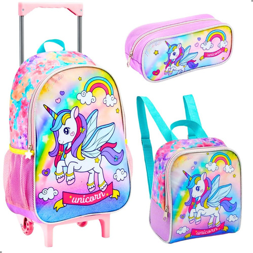 Kit Mochila Rodinhas Feminina Infantil Unicórnio Arco-íris 