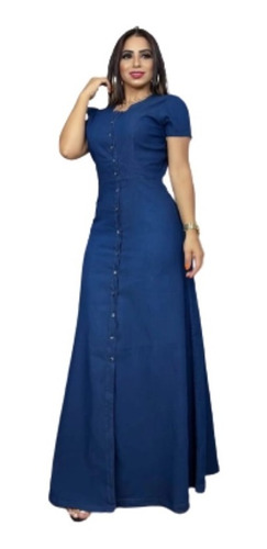 Vestido Jeans Longo Elegante Alça Ou Manga Moda Evangélico