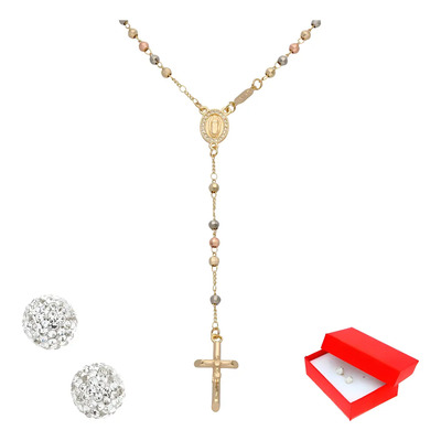 Rosario Facetado De Oro Laminado + Aretes De Plata De Color Dorado | Meses sin interés