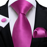 Set Corbata Pañuelo Mancuernillas Seda Fucsia Rosa Liso 7985