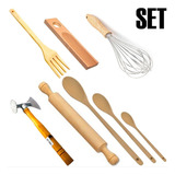 Set Utensillos Madera Martillo + Batidor + Cuchara + Ñoquera