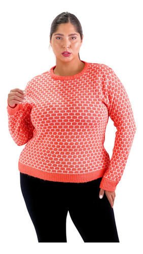 Sweater Mujer Abrigado Naranja Blanco Escote Redondo