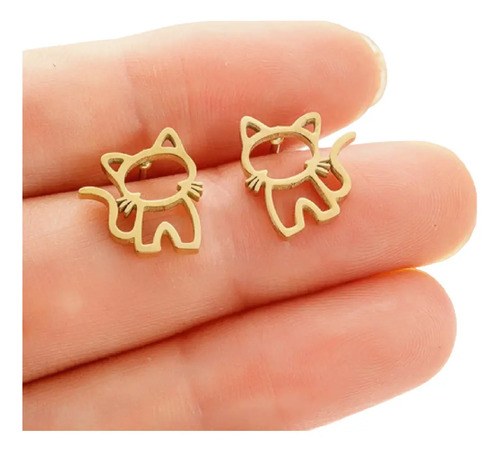 Aretes Estilo Broquel Silueta Gatito Dorado Acero Inoxidable