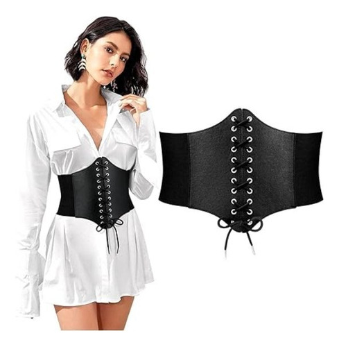 Corset Cinturon Cuero Ecologico Pu Y Elástico Con Cordón