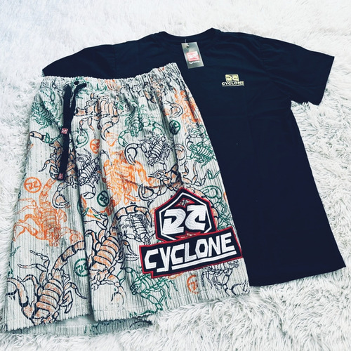 Kit Bermuda Cyclone Veludo Cinza Top + Camiseta Breck