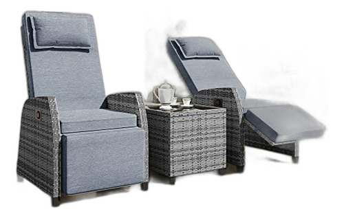 Set Jardín Ratán 3 Pzs. Ajustable Con Mesa De Vidrio - Gris