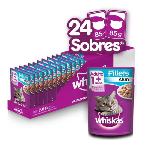 Whiskas, Alimento Gatos, Filetes De Atún, 24 Sobres 85g C/u