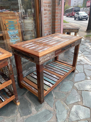 Mesa Isla Auxiliar Con Ruedas Maciza Madera Hierro