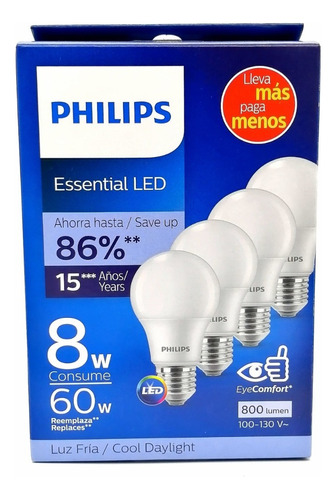 Phillips Ledbulb Paquete 4pz Foco 8w (60w) Luz Fría 6500k Color De La Luz Blanco Frío