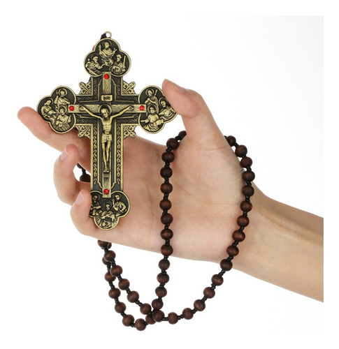 Collar Con Cuentas De Rosario De Madera Con Crucifijo Católi