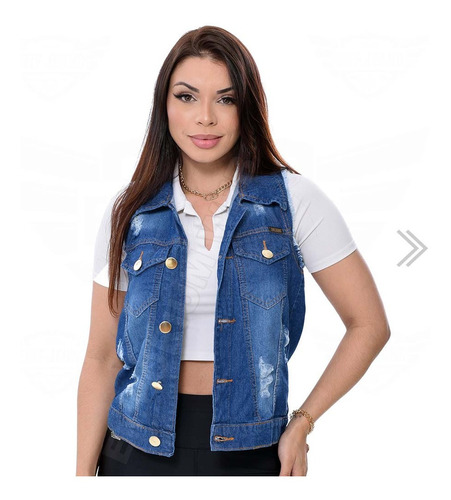 Colete Jeans Feminino Destroyed Com Barra - Azul Escuro