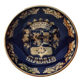 Antiguo Plato Decorativo Porcelana Azul Cobalto Y Oro Madrid