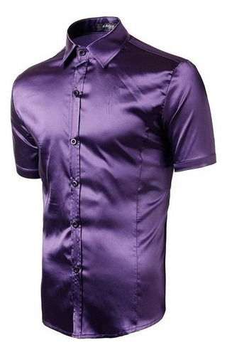 Camisa De Satén De Manga Corta De Color Liso For Hombre