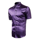 Camisa De Satén De Manga Corta De Color Liso For Hombre