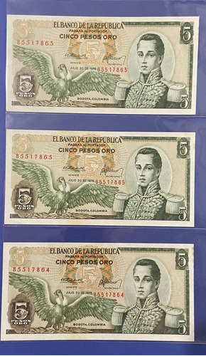 3 Billetes Colombianos De 5 Pesos Oro Consecutivos