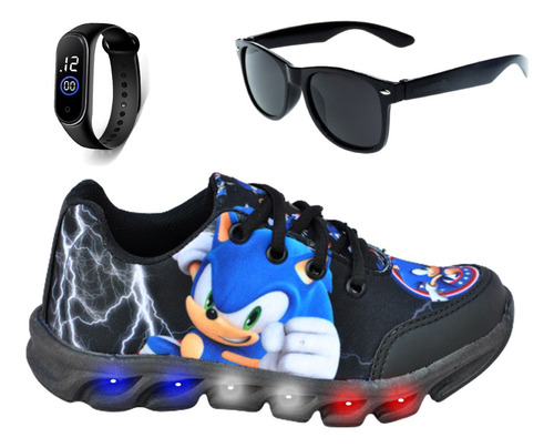 Kit Tênis Masculino Infantil Sonic De Led + Oculos Relogio