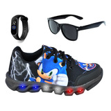 Kit Tênis Masculino Infantil Sonic De Led + Oculos Relogio