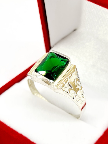 Anillo Sello Flor De Lis Plata 925 Y Oro Piedra Verde 