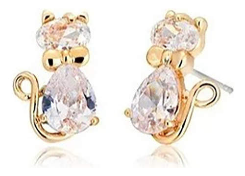 Finos Aretes Broqueles Gato Moño Swarovski Oro 14k Lam