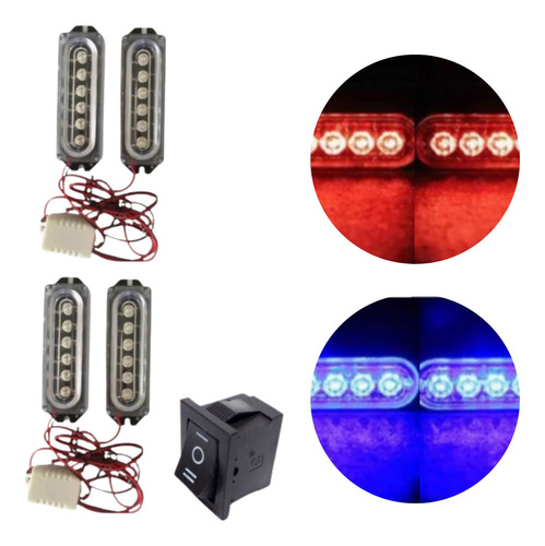 2 Kit Led Strobo Cob Farol Policia Vermelho/azul Carro Moto