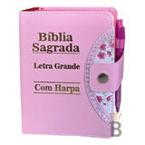 Bíblia Sagrada Letra Grande Botão Rosa C/ Harpa + Caneta