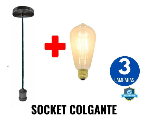 3 Lampara Colgante Vintage 4w 3 Pza Socket Y 3 Foco Edisson 
