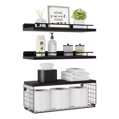 Repisas Flotantes Estante De Madera Hogar Mueble Con Canasta,estante Flotante Montado En La Pared Con Cesta De Alambre Y Toallero Para Baño, Cocina, Dormitorio, Estante De Pared (negro) Banna | MercadoLibre