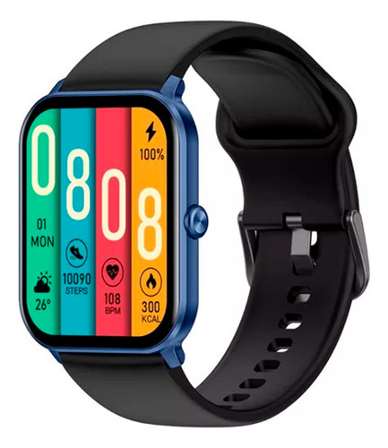 Reloj Inteligente Smart Watch Malla Negra Bisel Color Azul