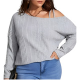 Blusa Gris Waffle Asimétrica, Tallas Extras 1xl 2xl Y 3xl