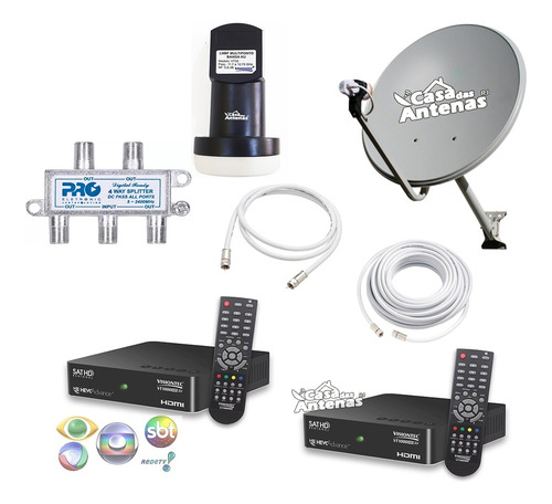 Kit Antena C/ 2 Receptores Visiontec + Lnb Multi + Chave 1/4