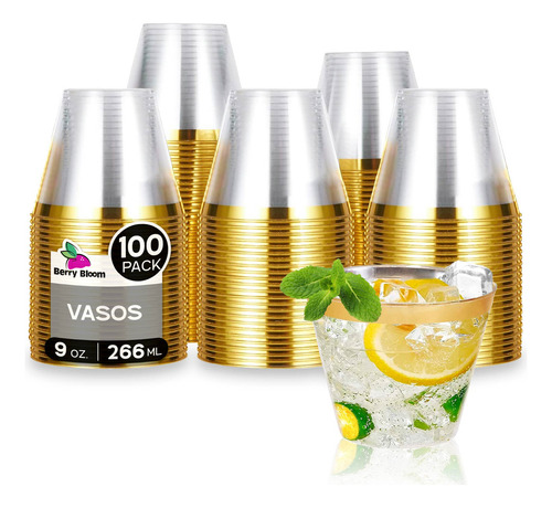 100 Vasos Berry Bloom  De Plástico Premium Con Borde Dorado Paquete Con 100 Piezas, Copas Elegantes Para Fiestas, Bodas, Postre, Cócteles, Vino (9 Onzas)