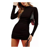 Vestido Corrugado Corto Ceñido Manga Larga Sexy Ajustable