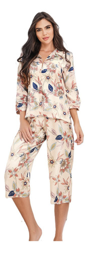 Pijama Capri Satín Estampado Camisa Manga Larga Carol 50028