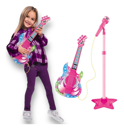 Guitarra Microfone Infantil Dm Toys Som Luz Brinquedo Menina