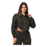 Camisa Cropped Feminina Sarja Com Elastano Animal Print