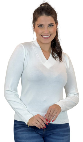 Blusa Decote V Basico Suéter Elastano Liso Tricot Feminina