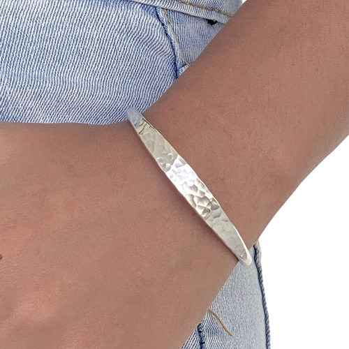 Brazalete De Plata Esterlina Martillado Hecho Mano, Pla...