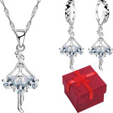 Juego Plata 925 Set Collar Aretes Mujer Bailarina Cristal 