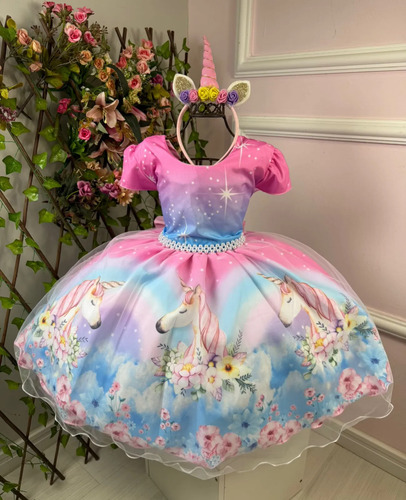 Vestido Infantil Unicornio Festa Infantil Luxo Com Tiara