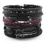 Conjunto Pulsera Hombre Moda Cuero 5 En 1 Guitarra Rojo