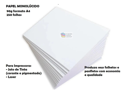 Papel Monolúcido Branco 90g A4 Pacote Com 250 Folhas 1 Face