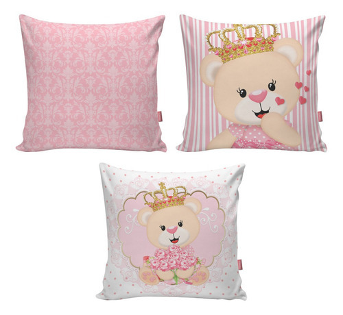 Kit 3 Almofada Infantil Ursinha Princesa Quarto Bebe Criança Cor Rosa Desenho Do Tecido Ursa Ursinha Princesa Rainha Decoração Rosa Quarto Menina Enxoval Bebe