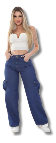 Calça Wide Leg Jeans Pantalona Cargo Lançamento Nf