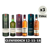 3x Whisky Glenfiddich Single Malt 12 - 15 - 18 Años 750cc
